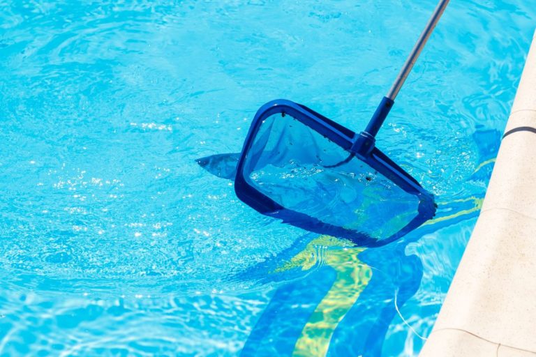 Backyard Garden Swimming Pool Cleaning Closeup. Taking Care of P