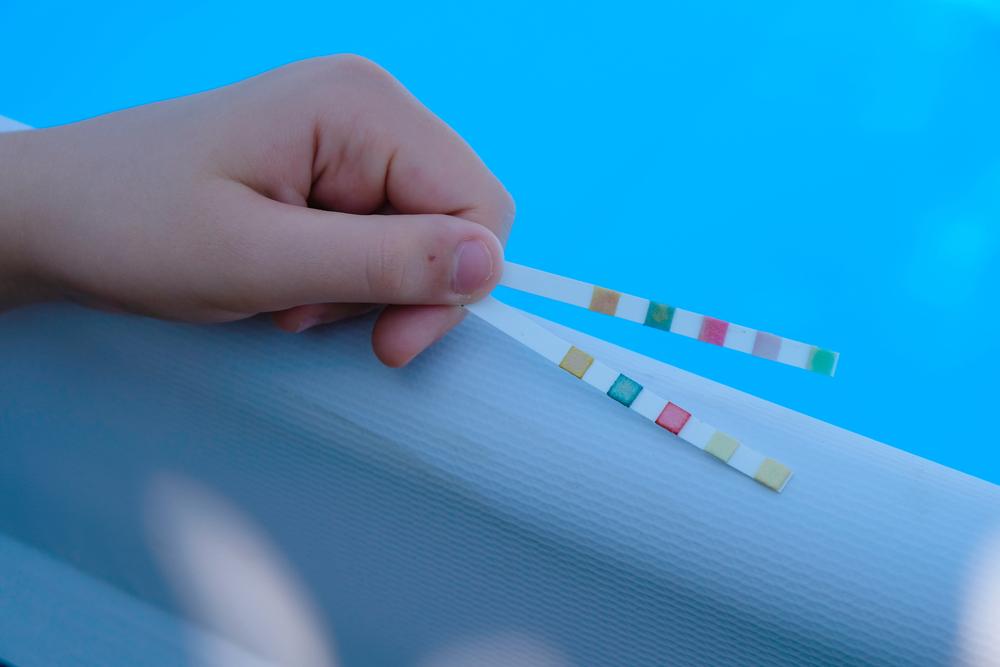 Pool chemistry testing strips used to check swimming pool water balance